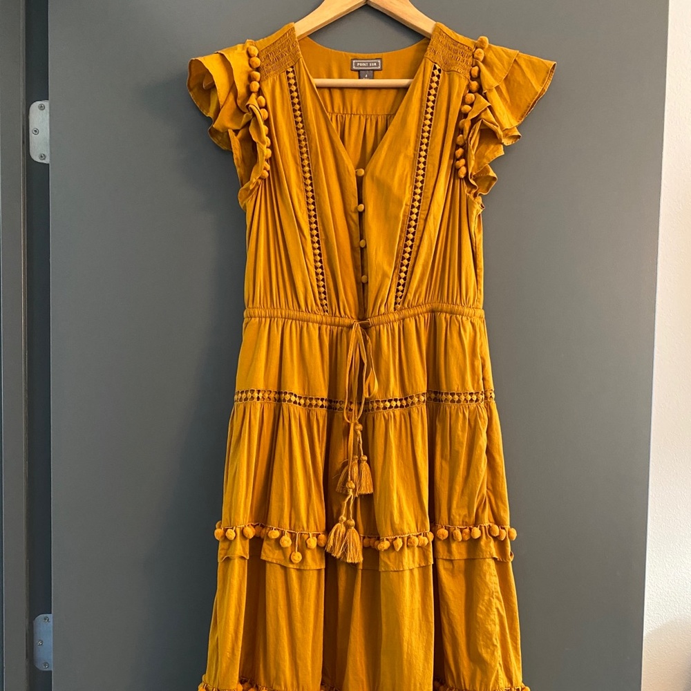 J. Crew Point Sur ochre Pom Pom midi dress